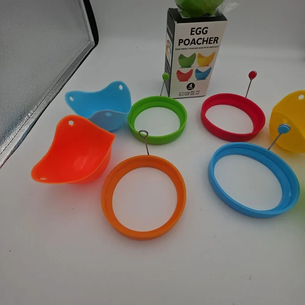 Silicone Egg Poacher Cups Lot of 8 + 4 Egg Rings Colorful Cooking Molds